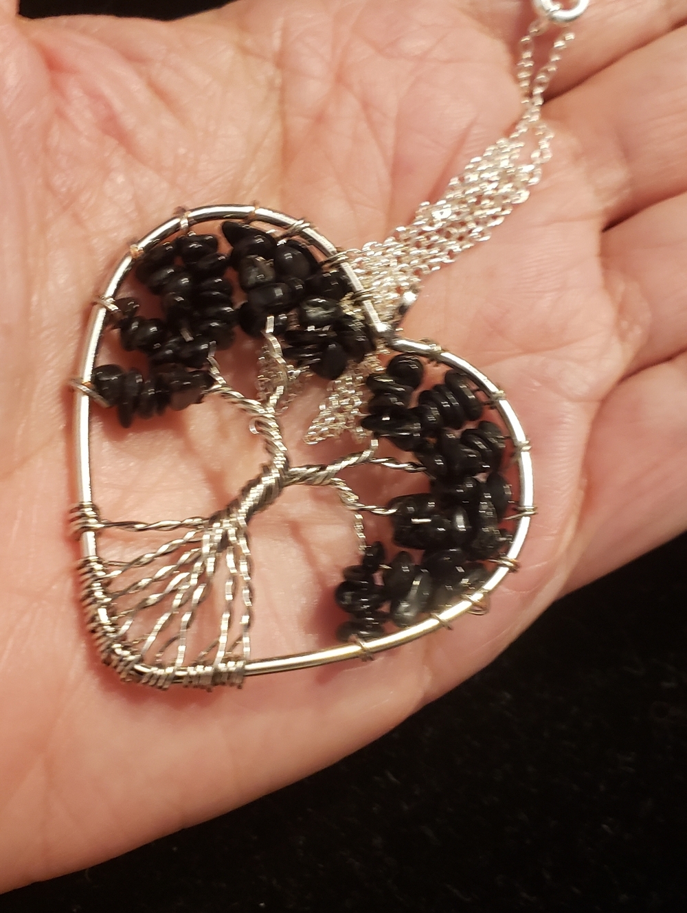 Tree Of Life Black Gemstone Necklace On Long Sterling Silver Chain.